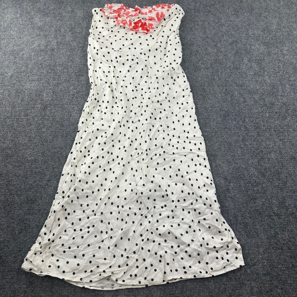 RIXO Midi Dress XS White Polka Dot Floral Ruffle Neck Viscose Womens